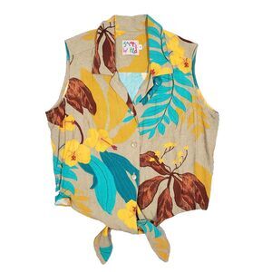 Jams World Tank Shirt Cropped Button Up Tie Front Colorful Hawaiian‎ Floral Sz M